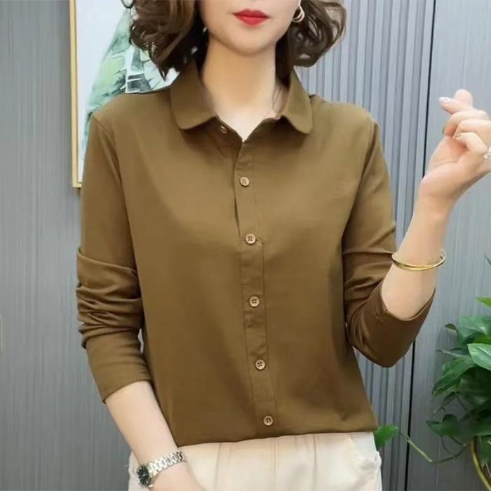 Lapel Women's Fashionable Solid Color New Polo Neck Long-sleeved Top Middle-aged Mother's Spring and Autumn Slimming and Age-reducing Shirt