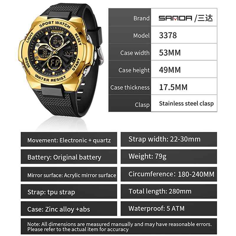 SANDA New Luxury Sport Mens Watch Dual Display Waterproof LED Luminous Digital Chronograph Quartz Man Watches Relogio Masculino