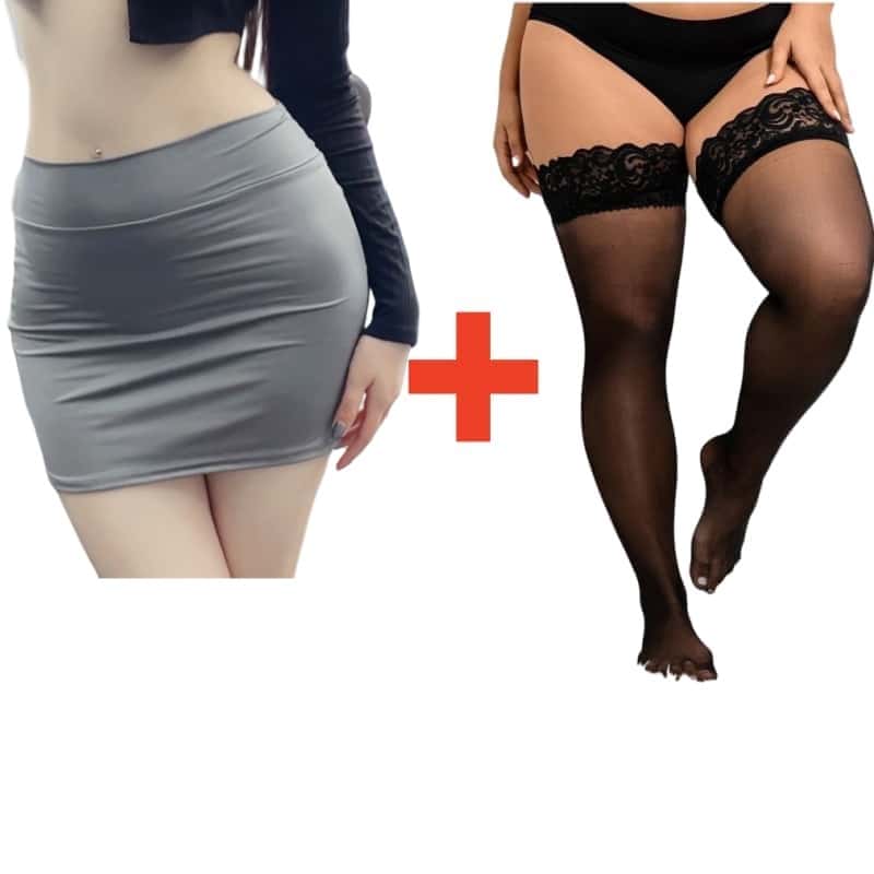 2PCS/SET Women High Waist Pencil Mini Skirts+Stockings Dress Set,Sexy Casual Wrap Hips Black Short Skirt and Pantyhose