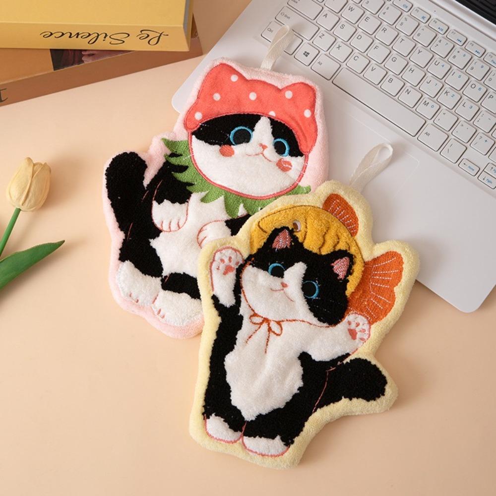 High Quality Durable Cute Cat Hand Towel Soft Strong Water Absorption Toilet Handkerchief Hanging Style Washcloth for Kitchen