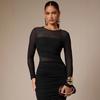 European and American New Round Neck Mesh Stitching Solid Color Slim-fitting Hip-wrapped Pleated Edge Women's Long Group