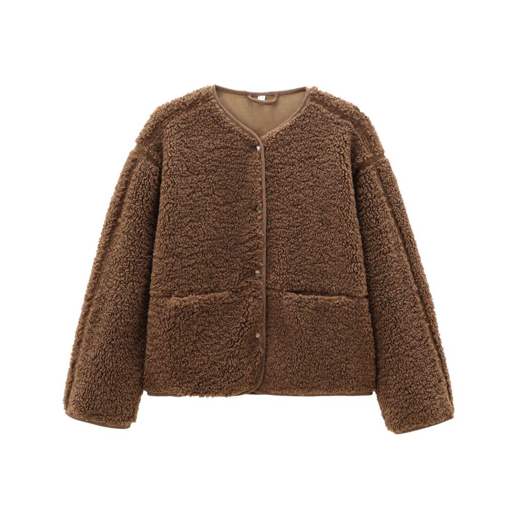 Women's Autumn Plush Teddy Fleece Jacket - European & American Style, Round Neck, Casual, Solid Color.