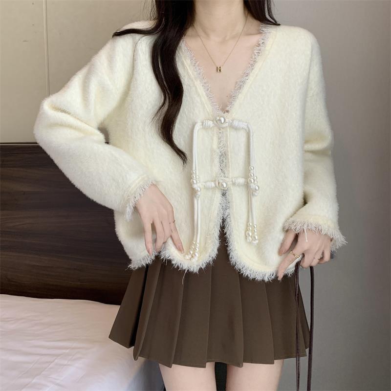 Chic Chinese-Style Frog Button Collar Cardigan - Women's Spring/Autumn Knitted Sweater