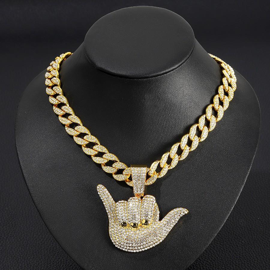 Alloy Full Diamond Lucky Gesture Pendant Personalized Male Hip Hop Cuban Chain Texture Finger Frame Necklace