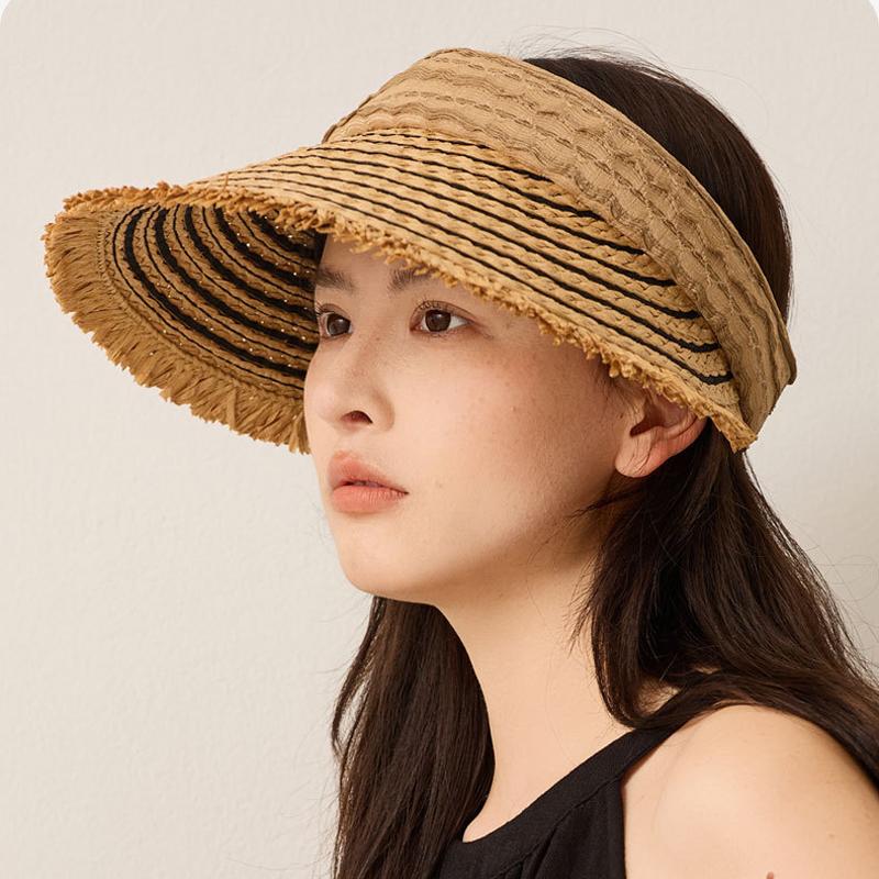 Foldable Sunscreen Hat Summer Seaside Travel Straw Hat Striped Large Brim Sunshade Hat