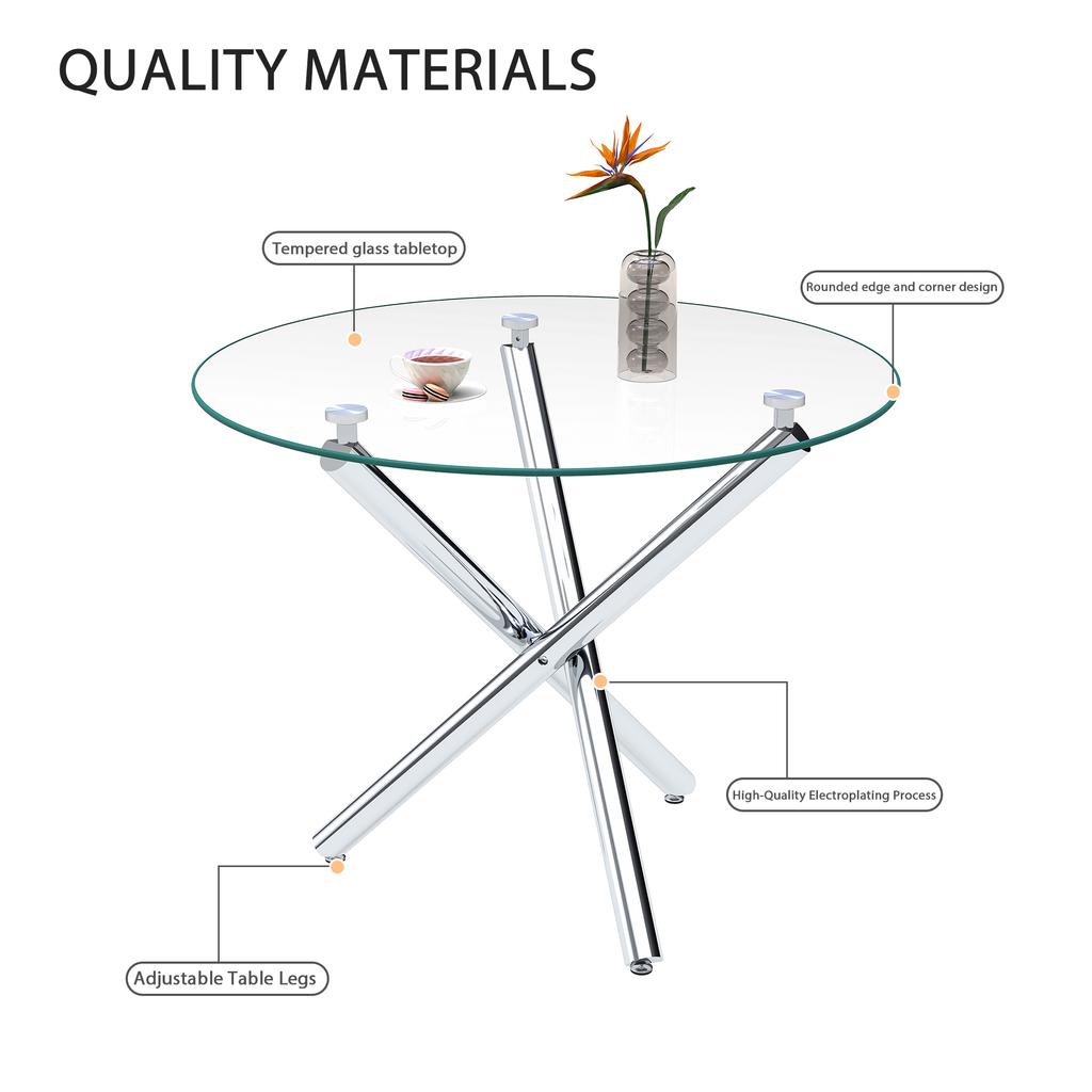 Mesa de Comedor Redonda con Tapa de Cristal Templado y Patas Metálicas, Mesa de Café, Mesa de Comedor Minimalista Moderna, 80 × 80 × 76 cm