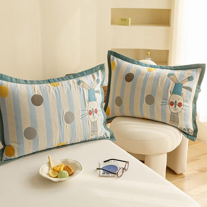 4-Layer Cotton Gauze Pillowcase Set With Cartoon Button Breathable Hotel-Grade Pillow Covers 48x74cm Pair