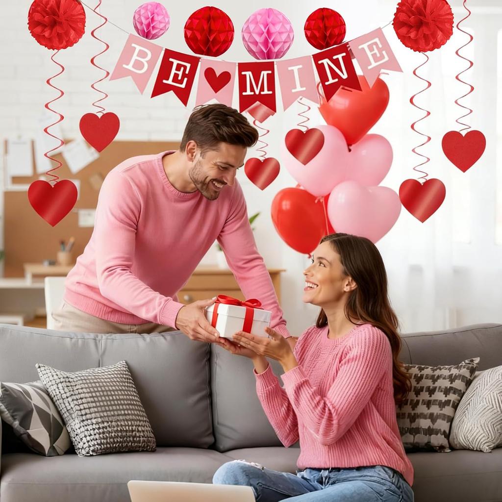 21Pcs Valentine's Day Decorations Set - Pre-Assembled BE MINE Banner with Heart Swirls & XOXO Garlands, Romantic Party Decor for Engagement Wedding