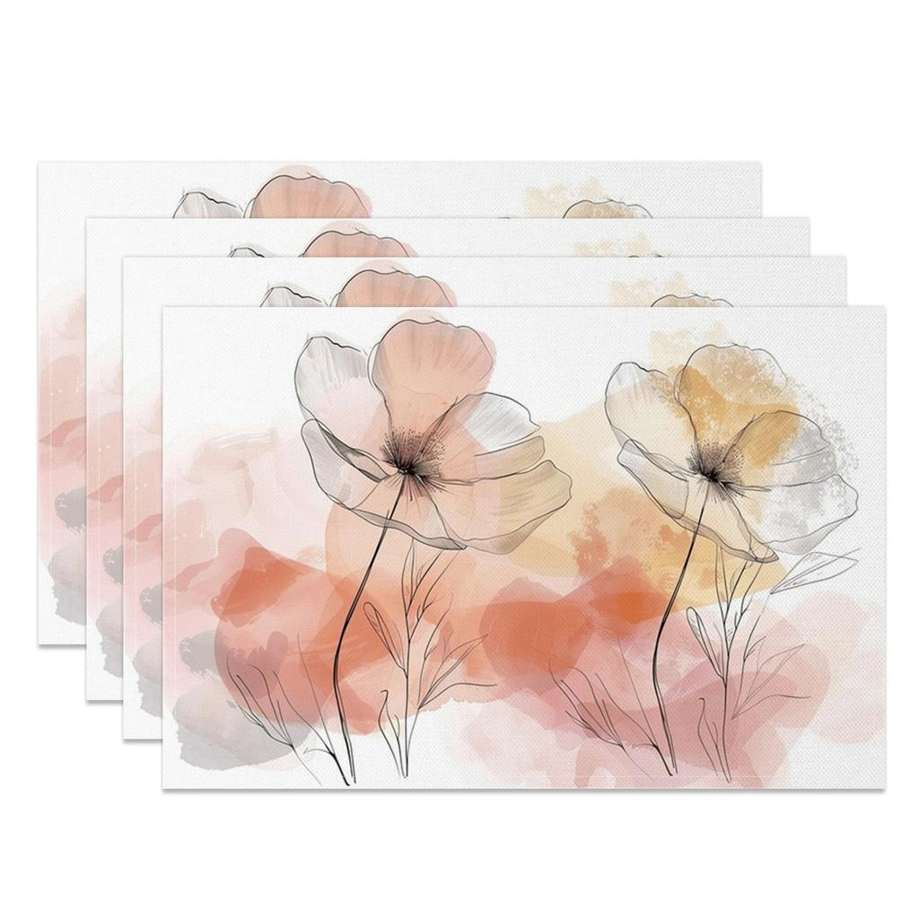 Watercolor Floral Placemats Bohemian Hand Painted Style Soft Pastel Flower Artistic Table Mats for Dining Kitchen Decor Washable