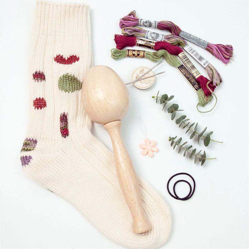 A25F-Darning Mushroom Sewing Tool Wooden Darning Egg & Needle Set Repairing Socks, Hats, Sweaters