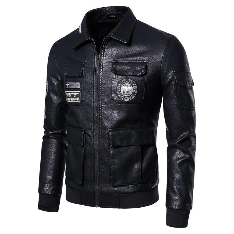 Korean Style Men's Embroidered PU Leather Motorcycle Jacket with Velvet Lining