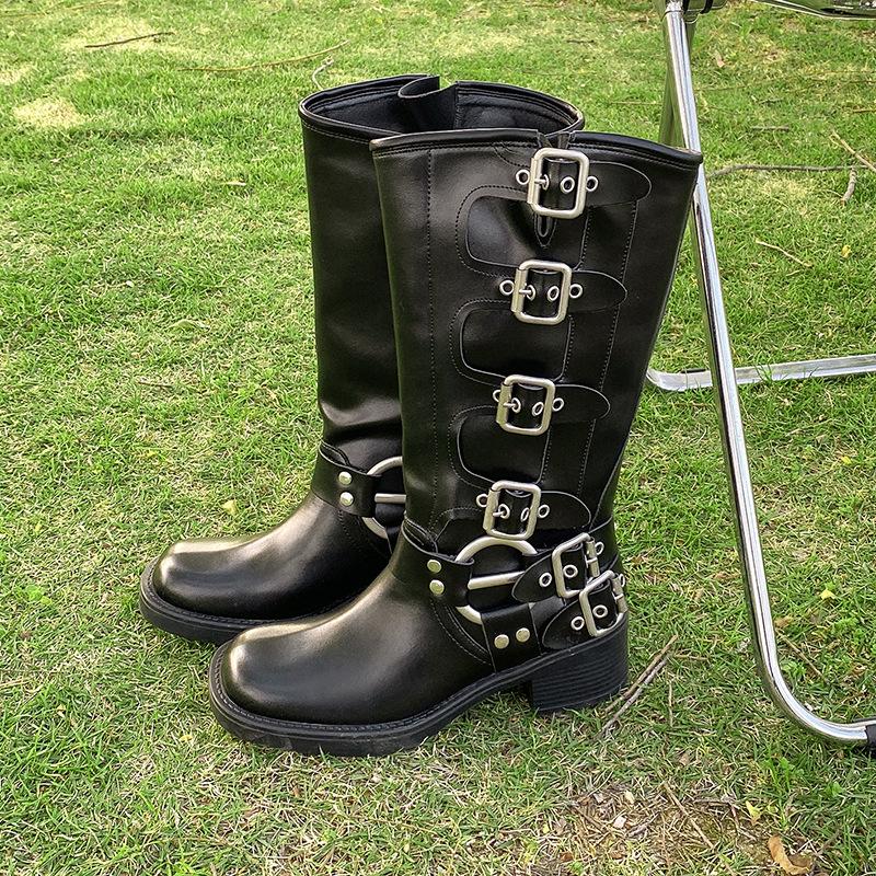 2025 autumn new brown western cowboy boots women's versatile round head retro knight but knee boots women