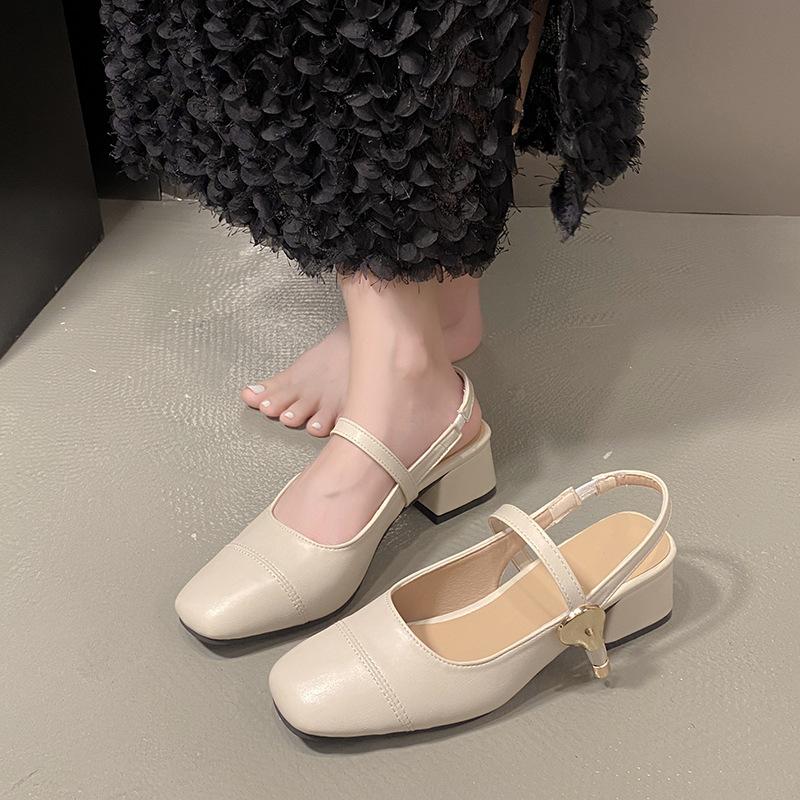 Baotou sandals women's summer 2025 new temperament thick heel one-word buckle with skirt silver Mary Jane sandals