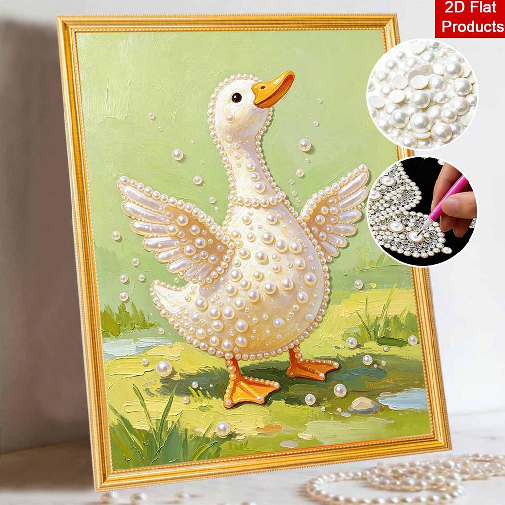Handmade Framed Pearl Bead Painting Kit Cute White Duck Pattern 3D Shiny Canvas Art Ready To Display Home Decor Gift Idea Perfect For Room