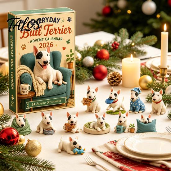 Calza della Befana Stuffers Quotidiani Bull Terrier Calendario dell'Avvento 2026, Conto alla Rovescia di 24 Giorni con Figure Natalizie da Collezione Ornamenti Acrilici, Decorativi