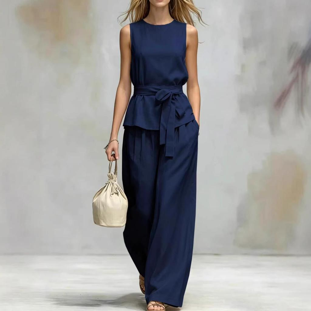Women Solid Color Sleeveless Jumpsuit Round Neck Self Tie Belt Wide Leg Pants Casual Loose Fit Long Overalls