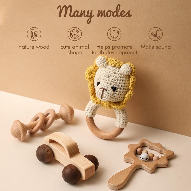 4 Pcs Baby Wooden Crochet Rattle Toys Natural Wooden Teether Animal Rattle Montessori Toy Eco Friendly Infant Newborn Gift