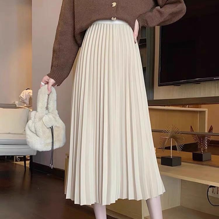 Pleated Midi Skirt, Wool-blend, Thick and Flowing, Solid Color Slimming A-line Silhouette