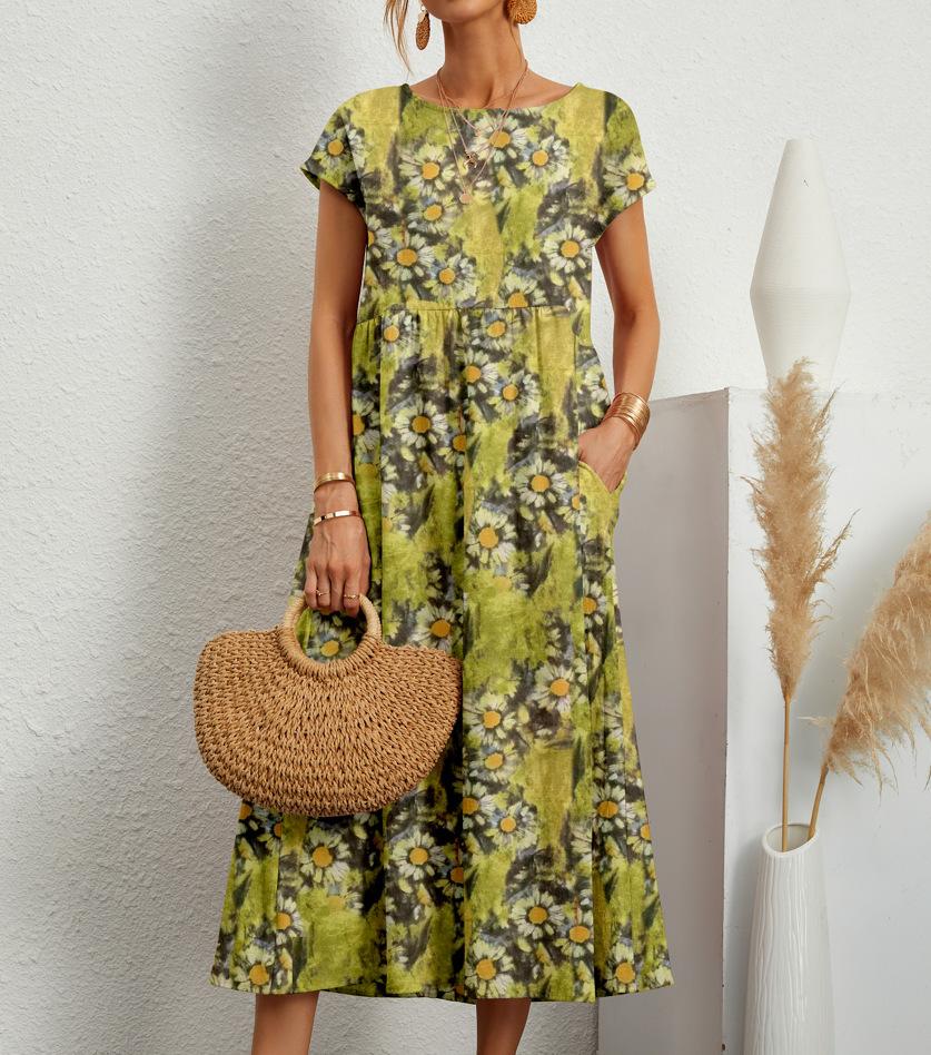Damenkleid Rundhalsausschnitt Bedruckt Kurzärmelig A-Linie Maxi-Rock Einzigartige Blumenmuster Lange Kleider