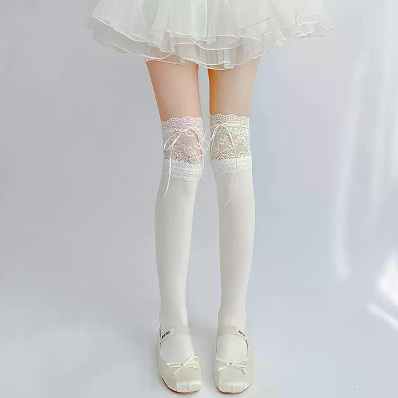 1pairs White Lace Lace Tied Ribbon Velvet Over Knee Socks Lolita Cute Sweet Calf Socks Women's Mid-Leg Kawai Thigh High Socks