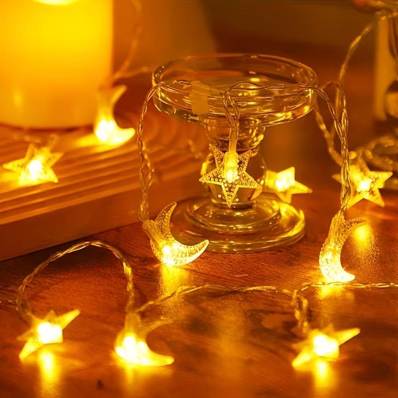 1pc 10/20/40 LED Star and Crescent String Lights Battery Powered Ideal For Ramadan Mubarak Celebrations and Wedding Party Decor