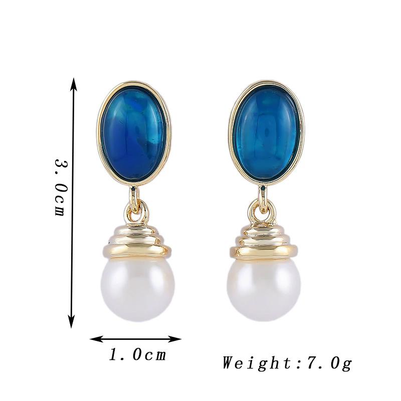 Elegant Imitation Pearl Dangle Earrings for Women Vintage Blue Acrylic Oval Drop Earrings Geometric Personality Party Zircon