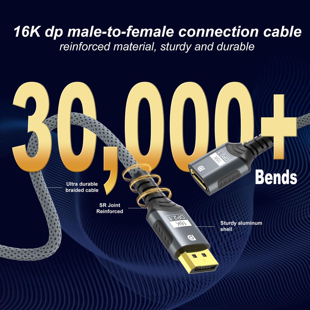 16K DisplayPort Verlängerungskabel, DP 2.1 Stecker auf Buchse Adapterkabel 54 Gbit/s, 16K@30Hz 8K@60Hz Kompatibel mit PC, Laptop, Monitor, TV, Projektor