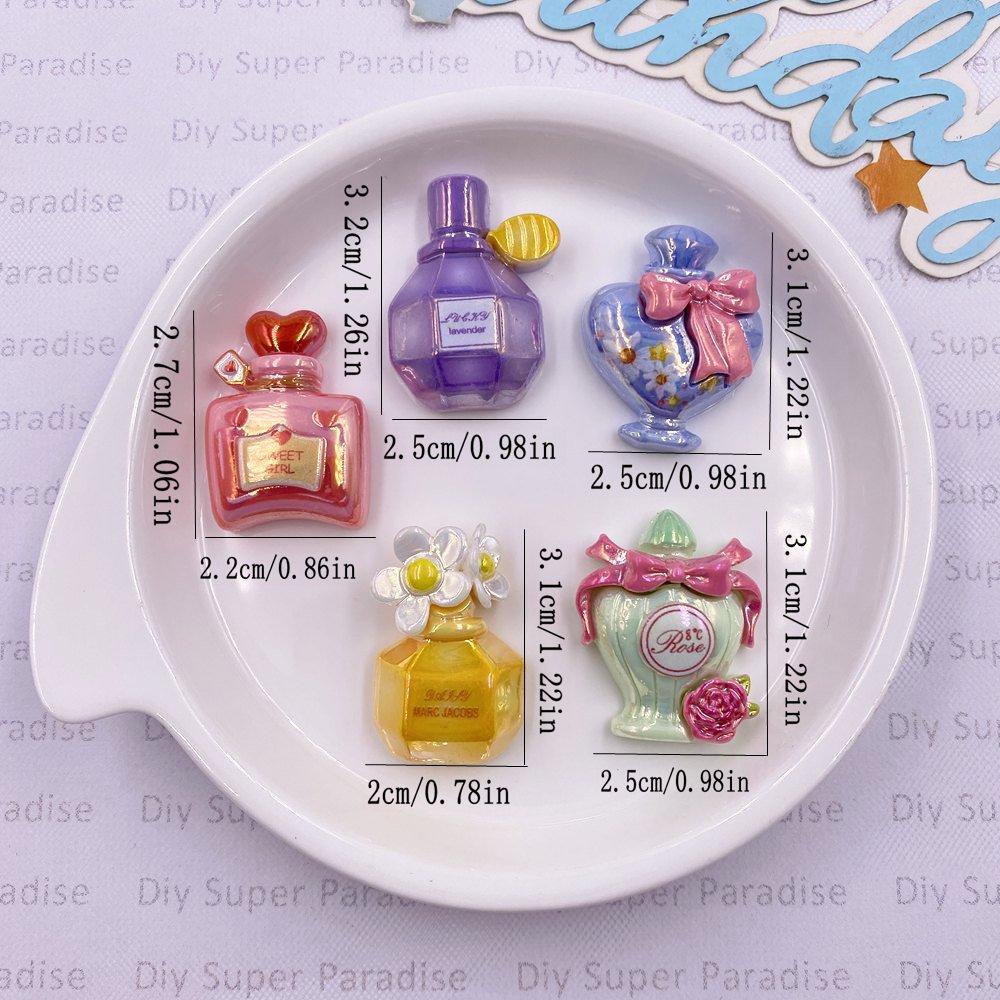 8 piezas de resina Kawaii coloridas botellas de perfume con forma de flor para álbumes de recortes, figuras de piedra con parte posterior plana, manualidades de decoración del hogar, accesorios de joyería