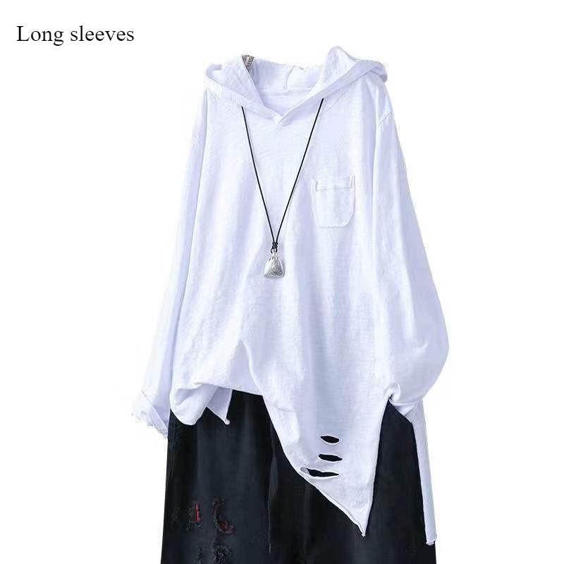 Cotton Hooded T-shirt Women's Spring and Autumn New Loose Long-sleeved Artistic Hole Casual Top To Show Thin Slit Bottom Shirt