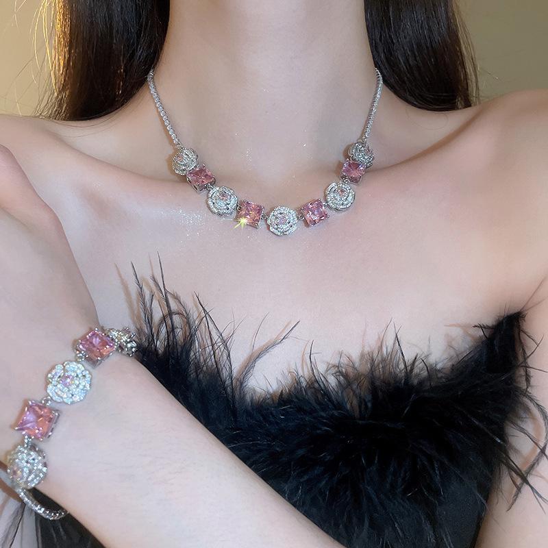 Słodki Zestaw Naszyjnik & Kolczyki z Cyrkoniami w Stylu Koreańskim dla Kobiet - Łańcuszek na Obojczyk, Lekki Luksusowy Styl Dworski