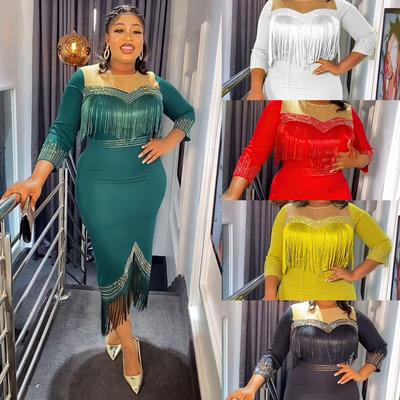 Women's Plus Size Tassel Dress with Hot Drill Accents