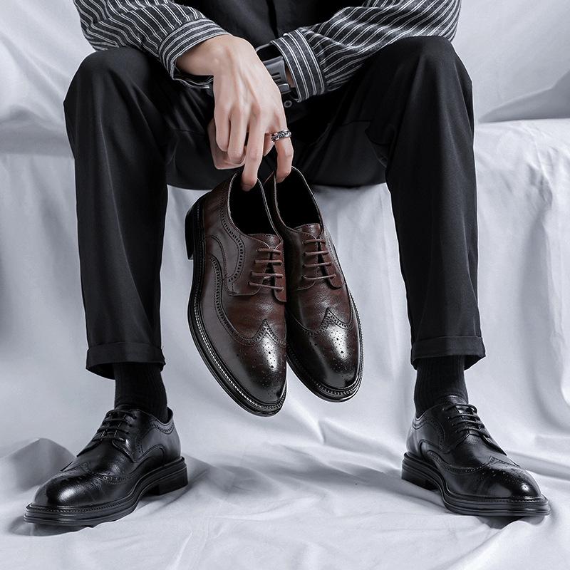 2023 Men's Black Leather Formal Shoes - Thick Sole Casual British Style for Business or Wedding
