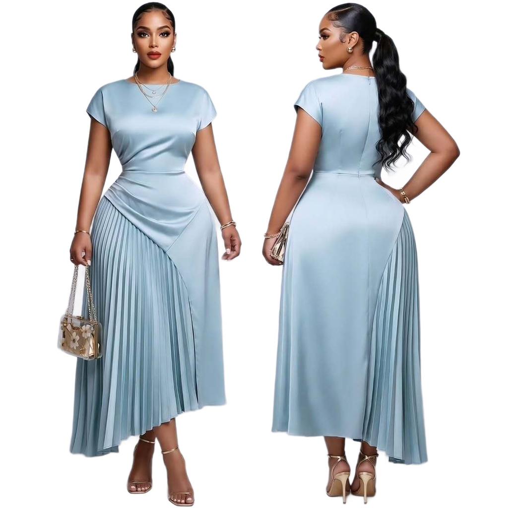 2026 Summer New European and American Cross-border Women's Fashionable Elegant Round Neck Short Sleeve Pleated Slim Mid-Length Dress