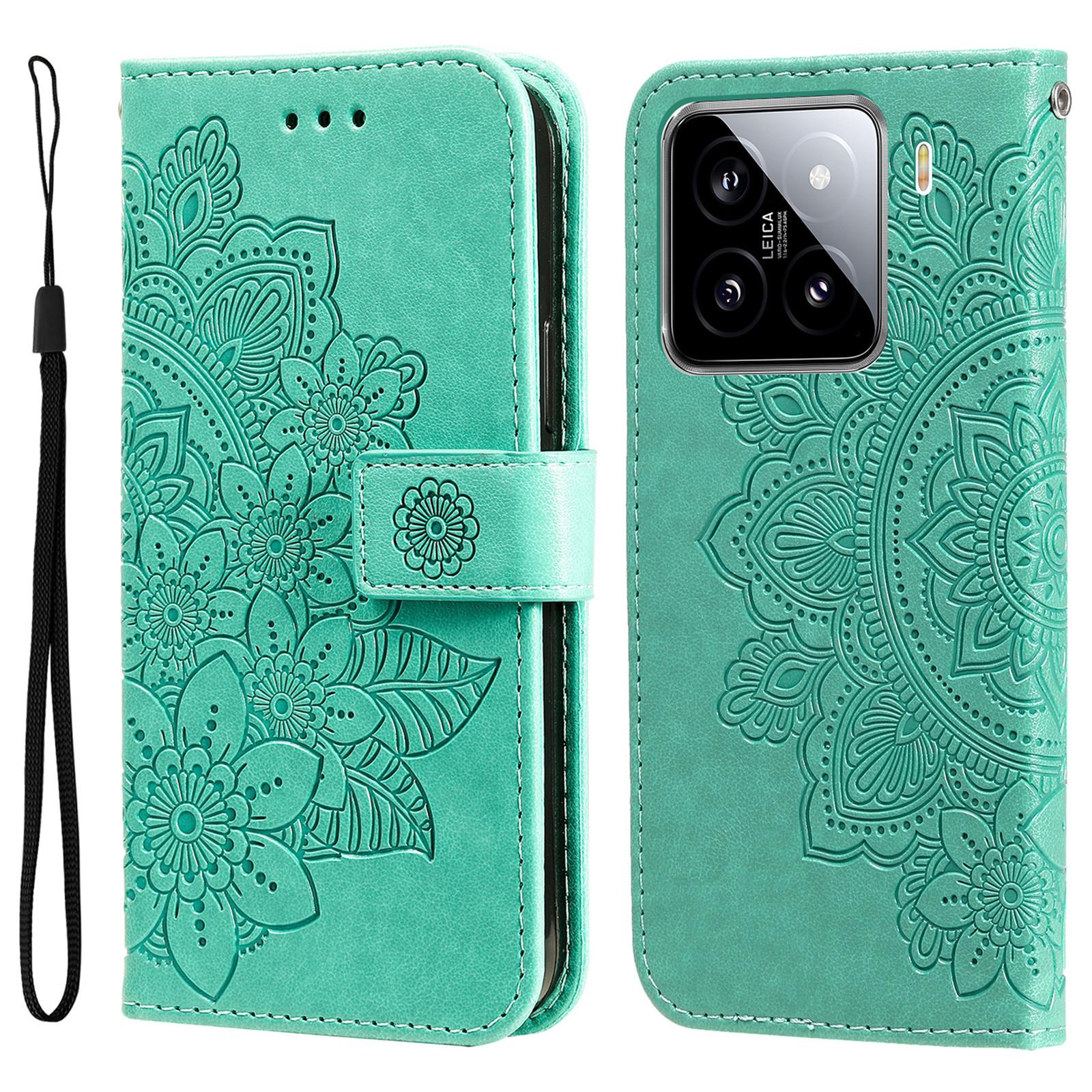 

For Xiaomi 15 Case Floral Pattern PU Leather Wallet Stand Phone Cover Green