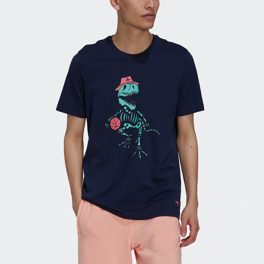 Adidas Originals Trefoil Dino Tee Casual Cartoon Print Crew Neck Short Sleeve Men Tops Navy H13455