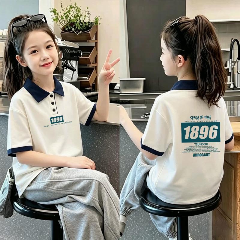 Korean Style Girls' 2026 Summer Cotton Polo Shirt: Color Blocked Lapel Short Sleeve T-shirt for Medium and Large Children