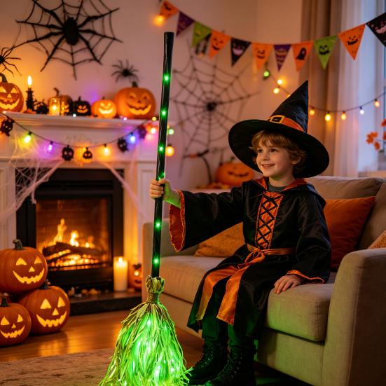 Accesorio de Disfraz de Halloween Escoba de Bruja con Luz LED Verde, Escobilla de Mago Brillante para Cosplay, Atrezo para Fiestas Temáticas, Decoraciones para Interiores y Exteriores