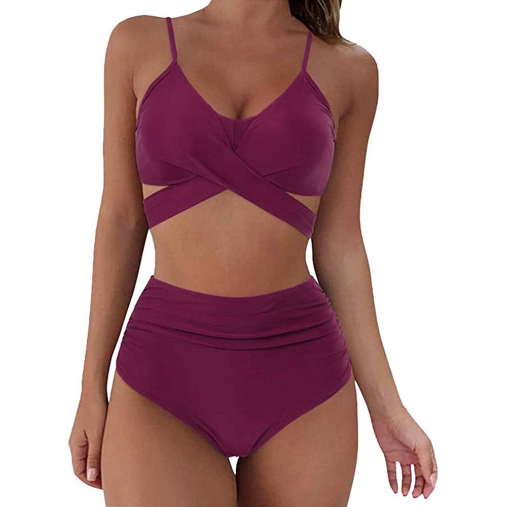 Hot 12 Colors Women Slim Bikini Sets High Waisted Sexy Swimwear 2 Pieces 2026 Solid/Floral Ruched Brazilian Swimsuit Cross Front