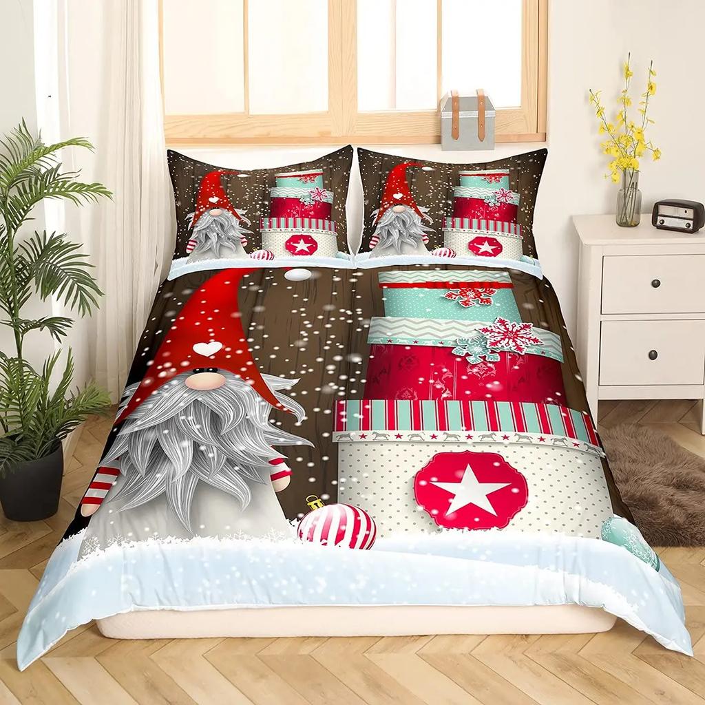 Jultomtar påslakan set Tomte Jul Täcktäckeset God Jul Sängkläder Vinter Snö Helg Påslakan