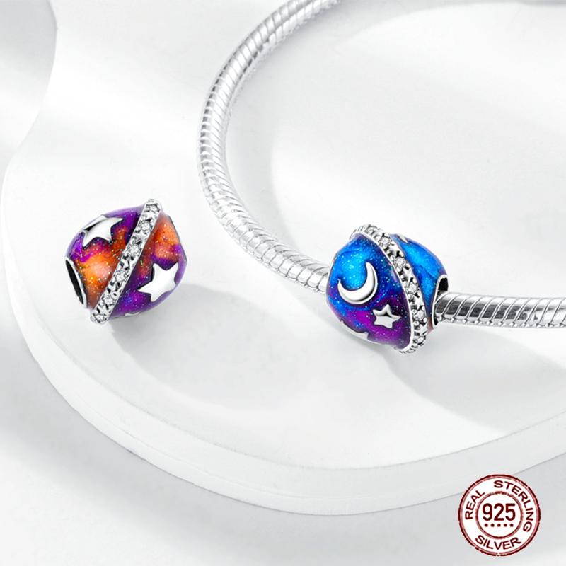 Round Clip Charms Plata Shining Moon Star Char Copper Spacer Clasp Fit Original Bracelet Glow Safety Chain Beads Diy Jewelry