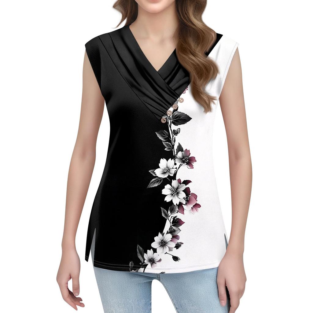 Women's Print Tank Top Button-down V-neck T-shirt Sleeveless Loose Fashion Top