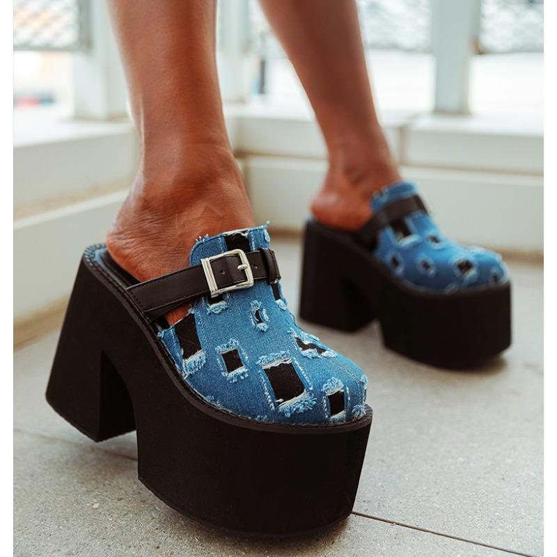 

Женские туфли на высоком каблуке Сексуальные шлепанцы На толстом каблуке Джинсовые Рваные С открытым носком Шлепанцы для увеличения роста Обувь с открытым носком Большие размеры 35-43 43 синий