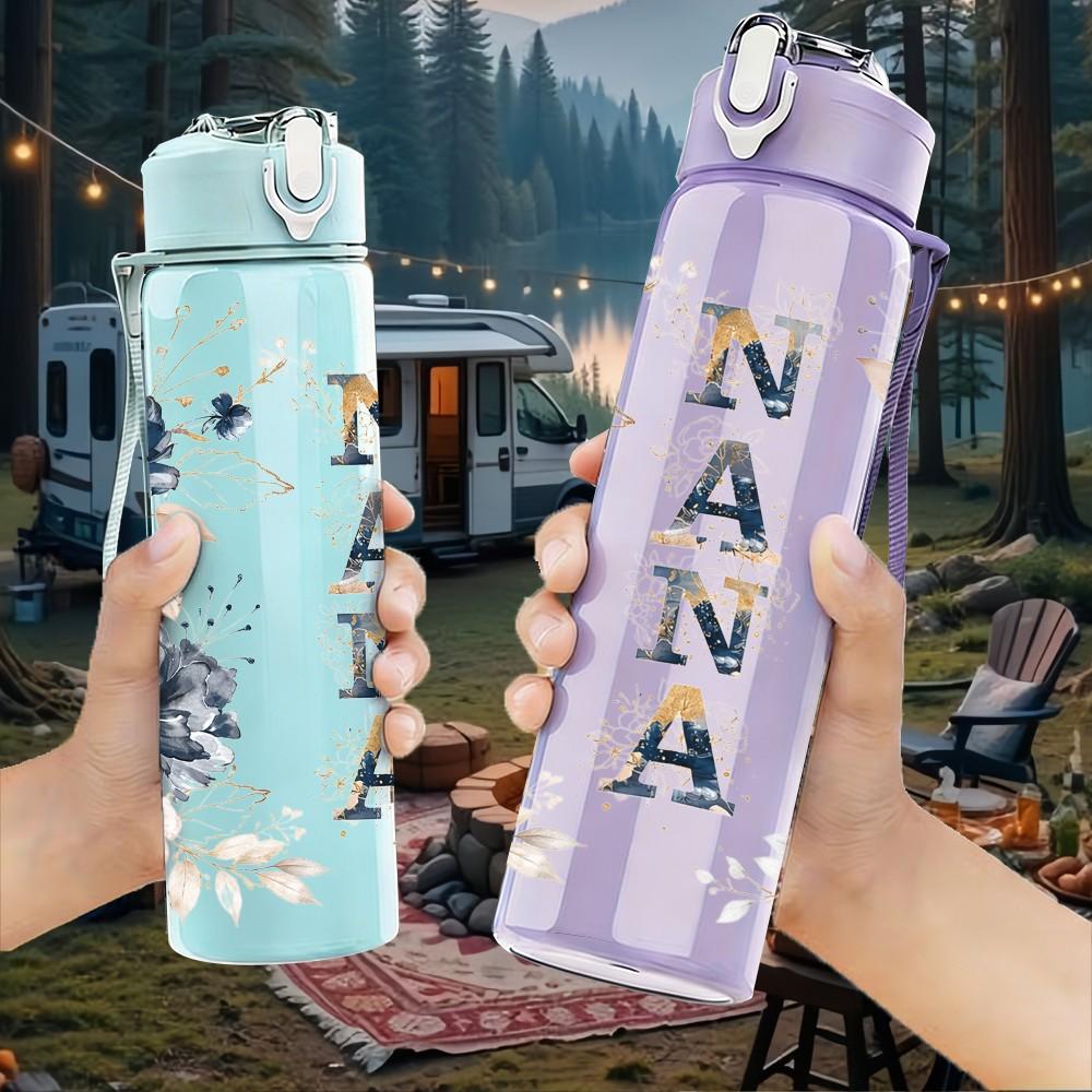 1PC Nana Boho Floral Lettering Quote Art 750ml Color Plastic Sports Water Bottle Leakproof Flip Straw Lid Suitable for Sports Office Home Use