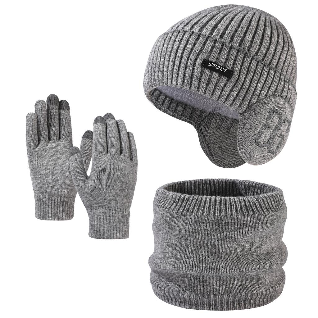 Fashion Ear Protection Knitted Wool Hat Outdoor Cycling Warm Hat Scarf Gloves Three-piece Men's Set