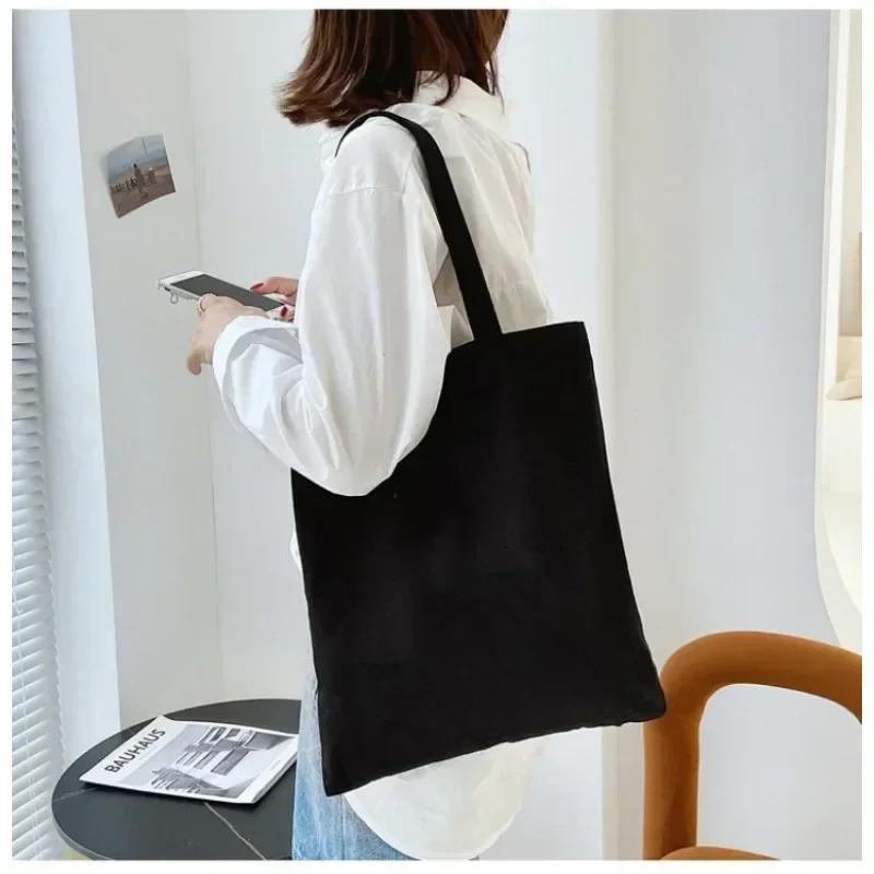 DIY Shoulder Bag Large Capacity Black White Canvas Shoulder Tote Bag Folding Eco Cotton Handbag Reusable Shopping Bag