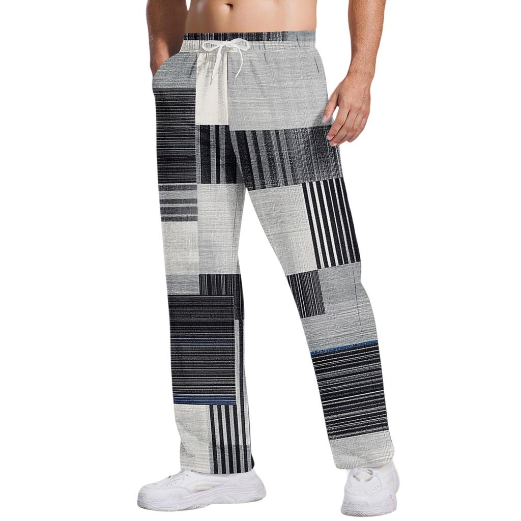 Herr Casualbyxor med fickor | Randig rutig tryckt, lös rak ben, elastisk midja med dragsko för daglig och avslappnad användning