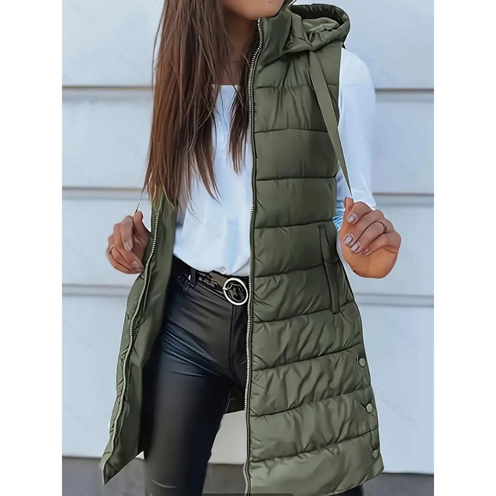 Solid Color Hooded Zipper Cotton Vest Jacket for Women's Mid To Long Size Plus