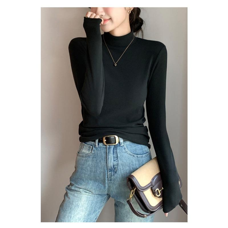 Women Half High Neck Solid Thickened Warm Fleece Lined Long Sleeve Bottoming Top