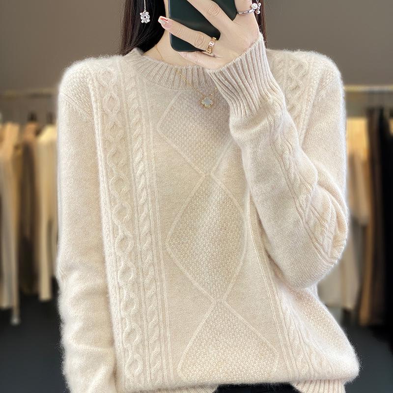 Women's Autumn/Winter Round Neck Twisted Pattern Wool Sweater - Solid Color Knitted Base Layer, Loose Fit