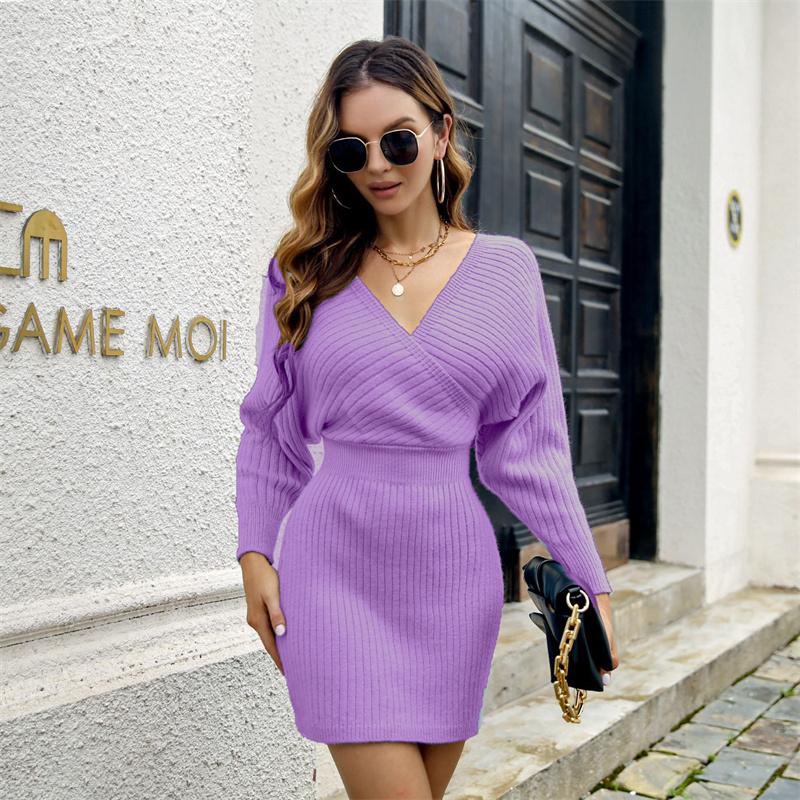 

Женские осенние и зимние шикарные платья с v-образным вырезом и кукольными рукавами, однотонные трикотажные платья с высокой талией SL S фиолетовый